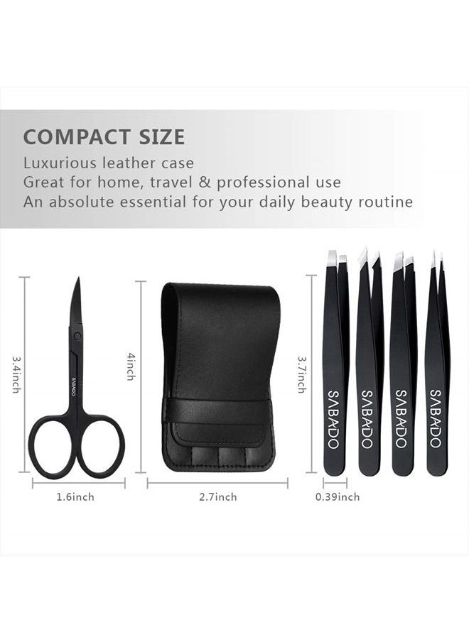 Sabado - Tweezers Set 5-Piece - Professional Stainless Steel Tweezers with Curved Scissors, Best Precision Tweezer for Eyebrows, Splinter & Ingrown Hair Removal with Leather Travel Case (Black) - Image 1