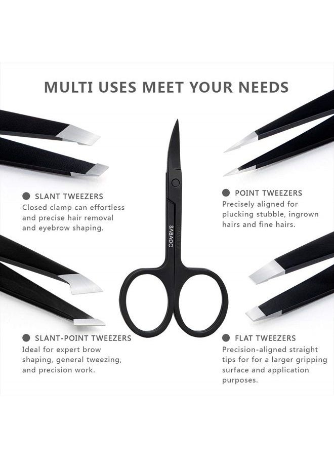 Sabado - Tweezers Set 5-Piece - Professional Stainless Steel Tweezers with Curved Scissors, Best Precision Tweezer for Eyebrows, Splinter & Ingrown Hair Removal with Leather Travel Case (Black) - Image 1