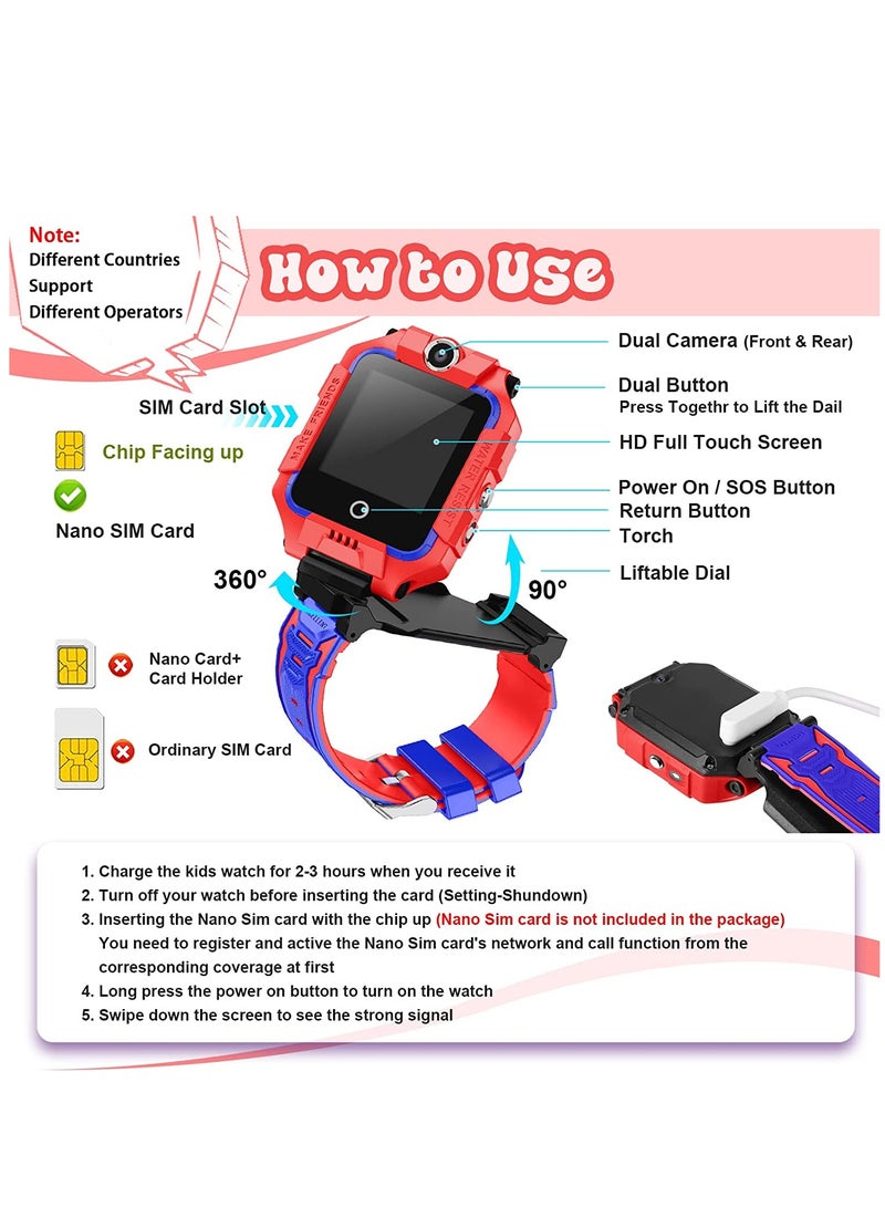 Smart Watch for Kids, 4G Liftable Waterproof Safe Smartwatch Phone with 360° Rotatable GPS Tracker Calling SOS Camera WiFi for Kids Children Students Ages 3-12 Birthday Gifts (Red) - Image 2