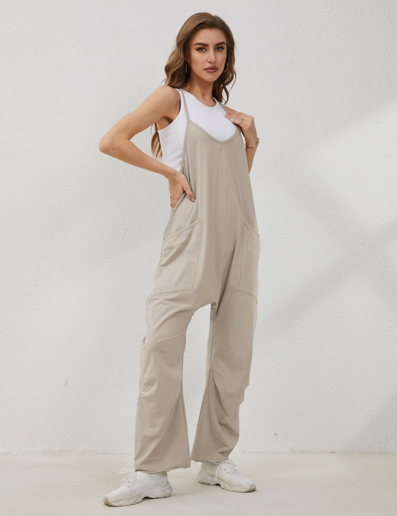 Lentta Women's Causal Jumpsuits V Neck Sleeveless Harem Overalls Stretchy Adjustable Strap Romper with Pockets(LightKhaki-M) - Image 5