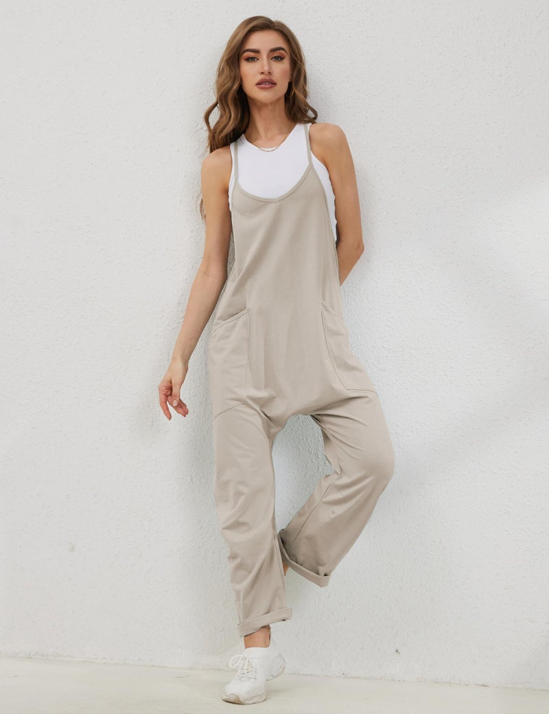 Lentta Women's Causal Jumpsuits V Neck Sleeveless Harem Overalls Stretchy Adjustable Strap Romper with Pockets(LightKhaki-M) - Image 2