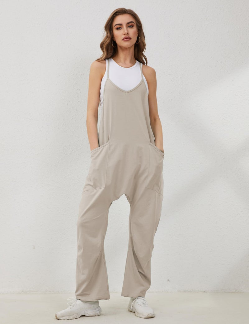 Lentta Women's Causal Jumpsuits V Neck Sleeveless Harem Overalls Stretchy Adjustable Strap Romper with Pockets(LightKhaki-M) - Image 3