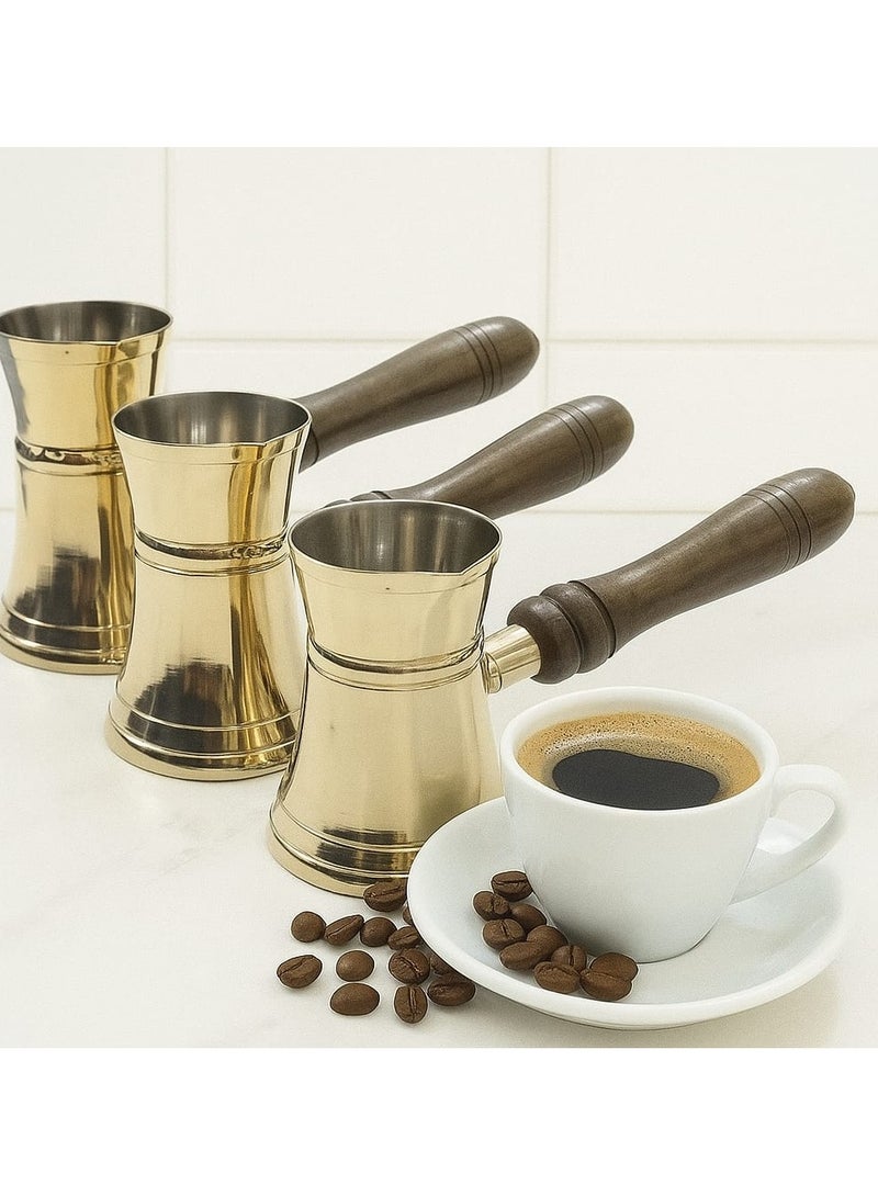 Royal Premium Brass Turkish Coffee Warmer Pot with Wooden Handle, Gold 3 PC Set Size 8/10/12 CM - Image 1