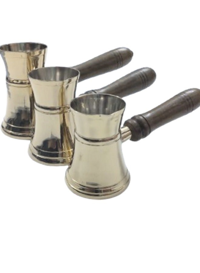 Royal Premium Brass Turkish Coffee Warmer Pot with Wooden Handle, Gold 3 PC Set Size 8/10/12 CM - Image 2