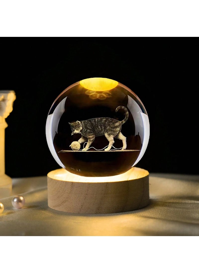 Keyfimshop Personalized Illuminated Wooden Base Cat Themed Glass Globe 8*6cm  - Image 1