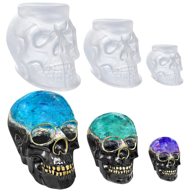 RESINWORLD Set of Large  Medium  Small 3D Skull Resin Molds Flexible Clear Silicone Skull Head Molds Silicone Molds for Resin Soap Clay Candle Wax Casting Halloween Home Decoration