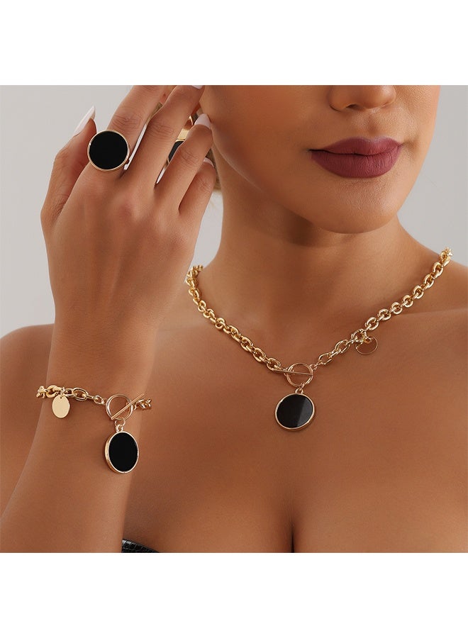 GIFT Round Onyx Disc Ring Set, Including Ring, Earrings, Necklace, Bracelet,  Agate Smooth High-End Fashion Niche Retro Personality, Jewelry for Women - Image 3