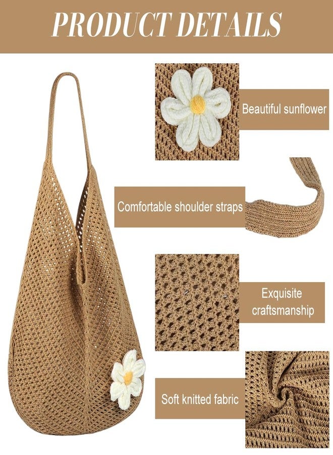 PALAY® Tote Bag for Woman Crochet Mesh Beach Shoulder Bags with Flower Brooch Summer Vacation Knitted Bag for Women Shoulder - Image 3