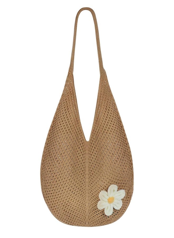 PALAY® Tote Bag for Woman Crochet Mesh Beach Shoulder Bags with Flower Brooch Summer Vacation Knitted Bag for Women Shoulder - Image 1