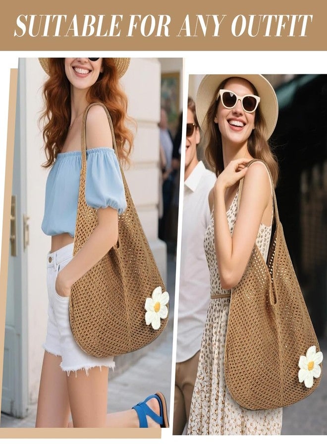 PALAY® Tote Bag for Woman Crochet Mesh Beach Shoulder Bags with Flower Brooch Summer Vacation Knitted Bag for Women Shoulder - Image 5