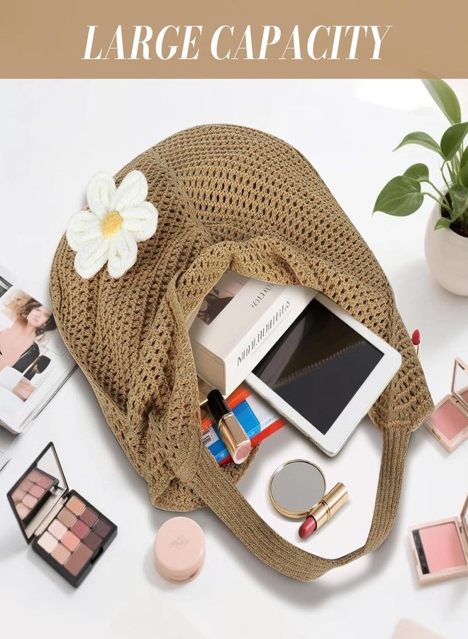 PALAY® Tote Bag for Woman Crochet Mesh Beach Shoulder Bags with Flower Brooch Summer Vacation Knitted Bag for Women Shoulder - Image 4