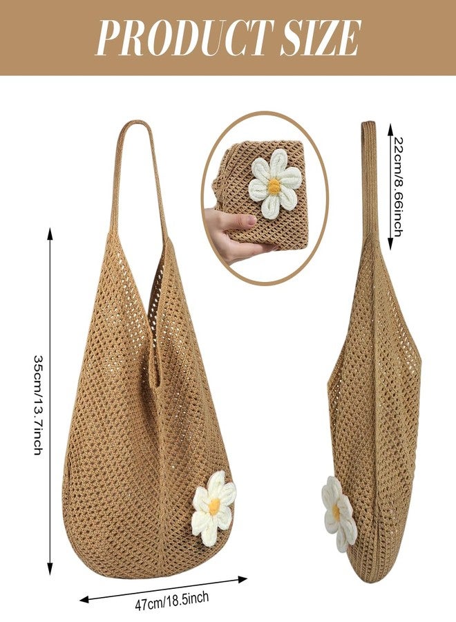 PALAY® Tote Bag for Woman Crochet Mesh Beach Shoulder Bags with Flower Brooch Summer Vacation Knitted Bag for Women Shoulder - Image 2