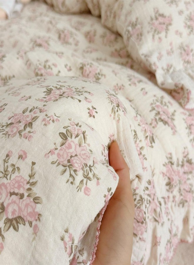 AOJIM Muslin Cotton Duvet Cover with Pink Floral Patterns, 1 Piece Super Soft Kids Adults Bedding Comforter Cover 2-Layer Gauze, Ruffled Edges Duvet Protector Twin Size 68X86'', No Quilt or Pillow - Image 4