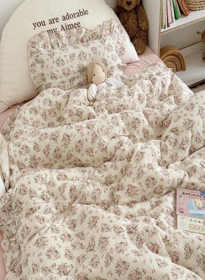 AOJIM Muslin Cotton Duvet Cover with Pink Floral Patterns, 1 Piece Super Soft Kids Adults Bedding Comforter Cover 2-Layer Gauze, Ruffled Edges Duvet Protector Twin Size 68X86'', No Quilt or Pillow - Image 2
