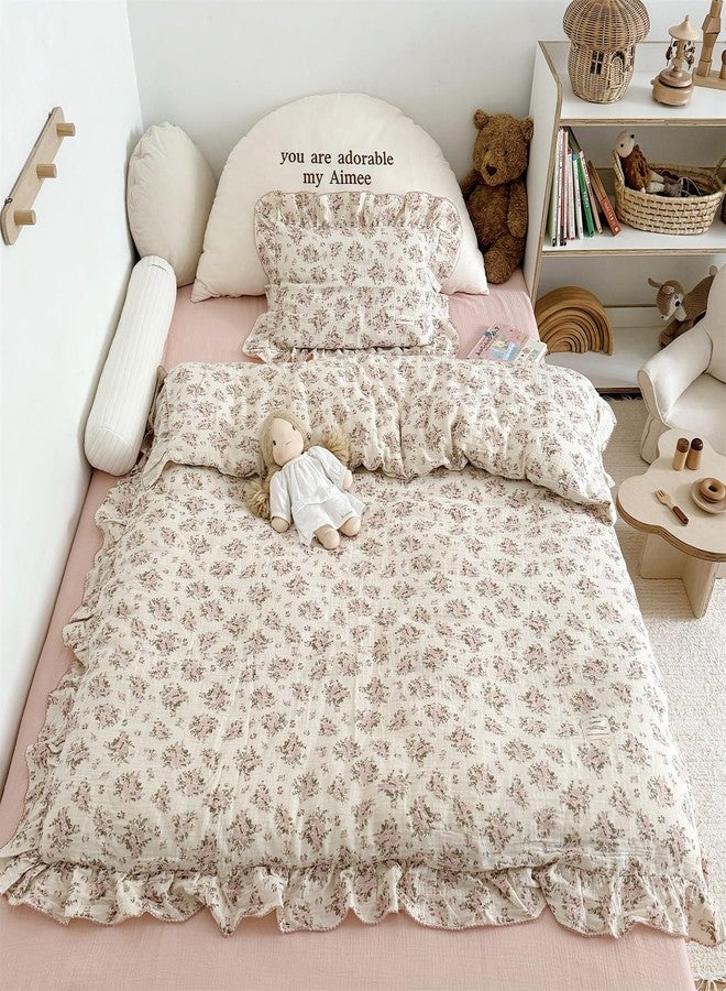 AOJIM Muslin Cotton Duvet Cover with Pink Floral Patterns, 1 Piece Super Soft Kids Adults Bedding Comforter Cover 2-Layer Gauze, Ruffled Edges Duvet Protector Twin Size 68X86'', No Quilt or Pillow - Image 1