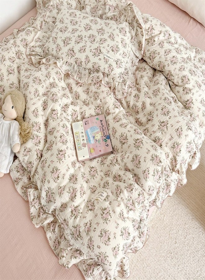 AOJIM Muslin Cotton Duvet Cover with Pink Floral Patterns, 1 Piece Super Soft Kids Adults Bedding Comforter Cover 2-Layer Gauze, Ruffled Edges Duvet Protector Twin Size 68X86'', No Quilt or Pillow - Image 3