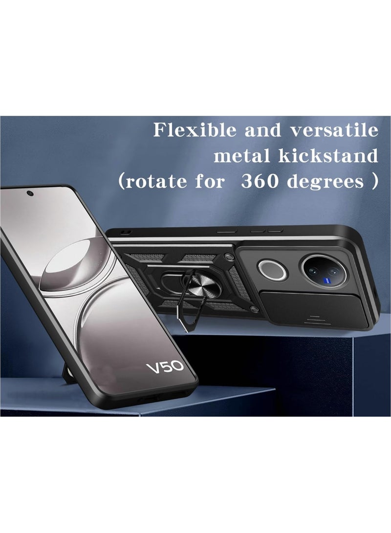 for vivo V50 AI 5G Case Cover, Slide Camera Lens Cover, Magnetic Ring Holder Kickstand Protective Phone Case for vivo V50 AI 5G, Black