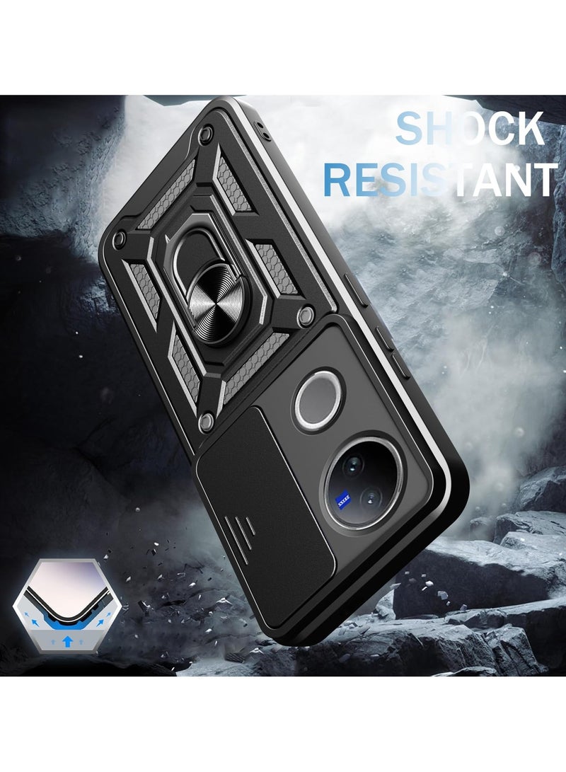 for vivo V50 AI 5G Case Cover, Slide Camera Lens Cover, Magnetic Ring Holder Kickstand Protective Phone Case for vivo V50 AI 5G, Black