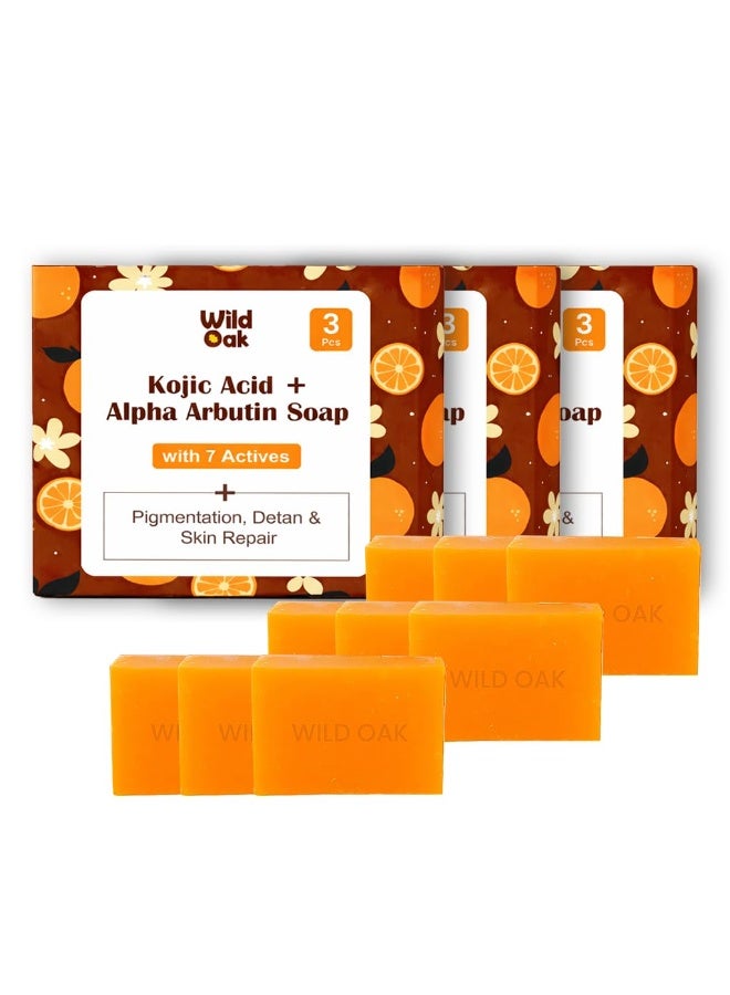 WILD OAK WildOak Brightening & DeTan Body Soap | Pack of 3 x 3 pcs | Cold Pressed Premium Soap for Gentle Exfoliation, Dark Spots & Pigmentation Repair with Kojic Acid, Alpha Arbutin, Niacinamide & Vitamin C - Image 1