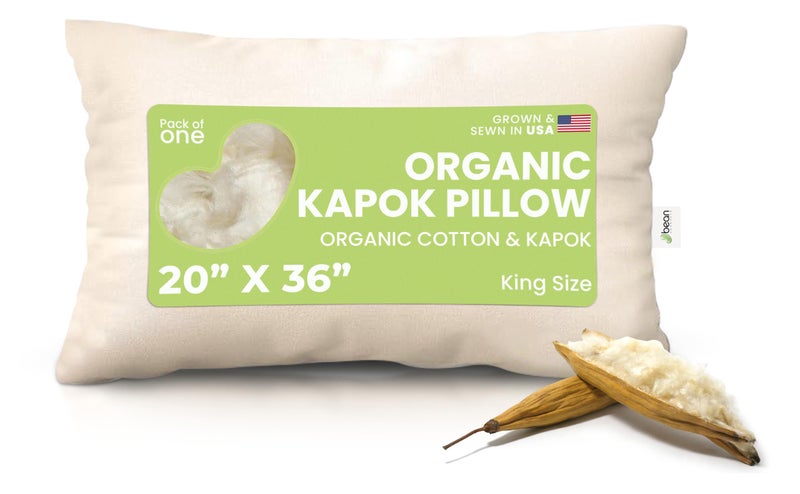 Bean Products Kapok 20" x 36" King Pillow - Breathable, Eco-Friendly and Durable Organic Cotton Fabric Bed Pillow - Soft and Supportive Pillow for Sleeping, Made in The USA - Image 1