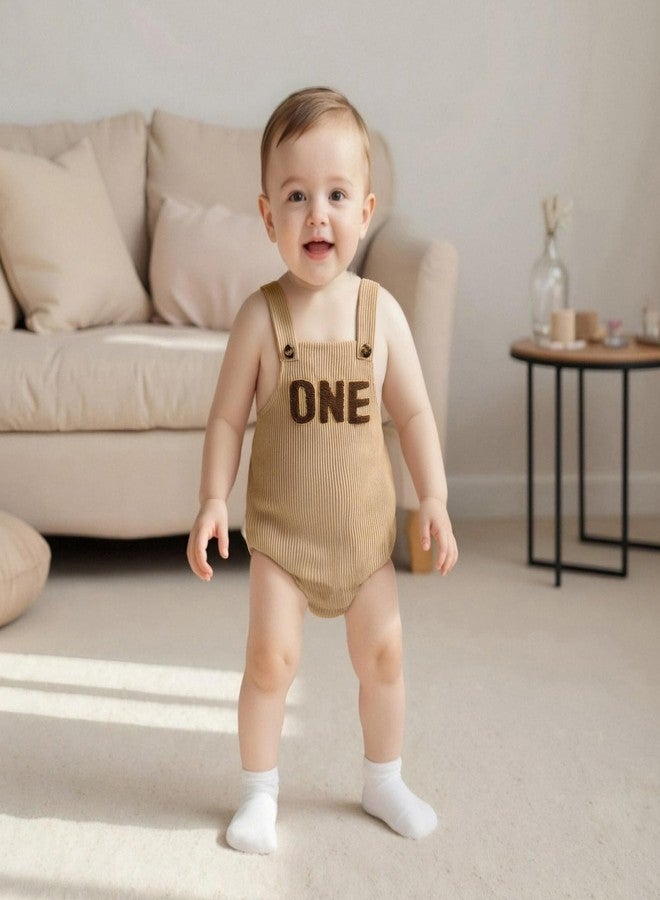 KMBANGI Baby Boy Girl First Birthday Outfit Sleeveless Age One Overalls Romper 1st Birthday Gift for Unisex Baby Cake Smash (Khaki, 12-18 Months) - Image 3