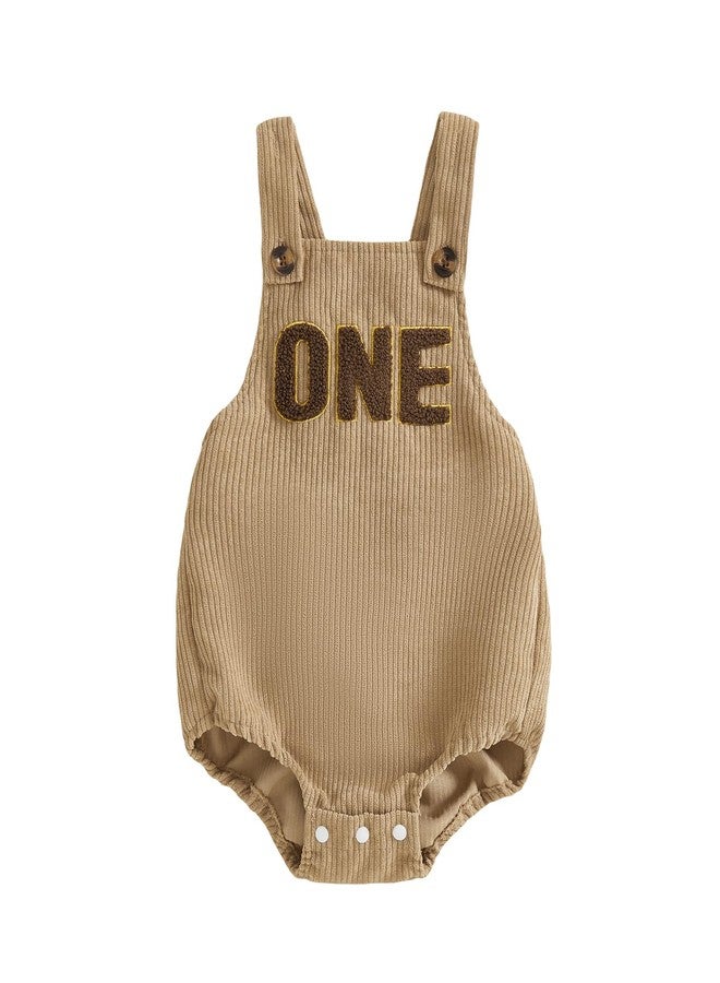 KMBANGI Baby Boy Girl First Birthday Outfit Sleeveless Age One Overalls Romper 1st Birthday Gift for Unisex Baby Cake Smash (Khaki, 12-18 Months) - Image 1