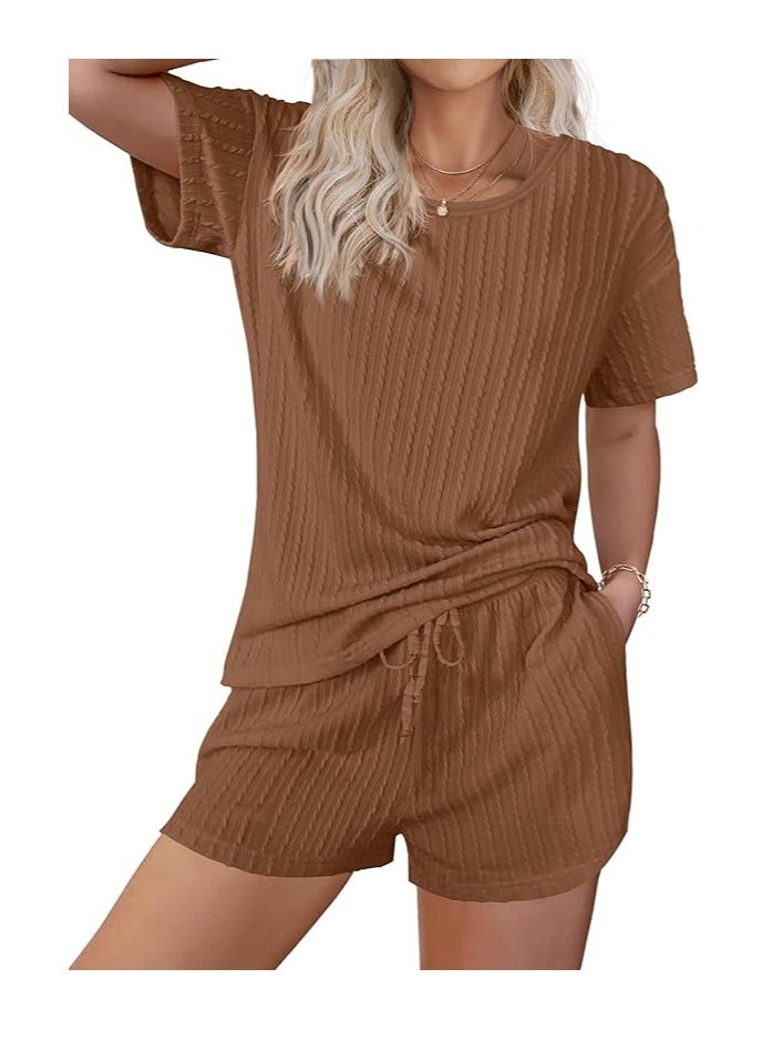 Women's 2 Piece Lounge Sets Ribbed Knit Matching Outfits T-shirt and Shorts Sets Sleepwear Loungewear Casual Pajamas - Image 1