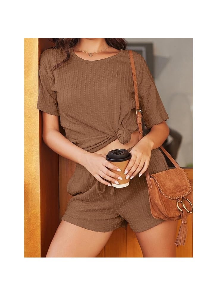 Women's 2 Piece Lounge Sets Ribbed Knit Matching Outfits T-shirt and Shorts Sets Sleepwear Loungewear Casual Pajamas - Image 2