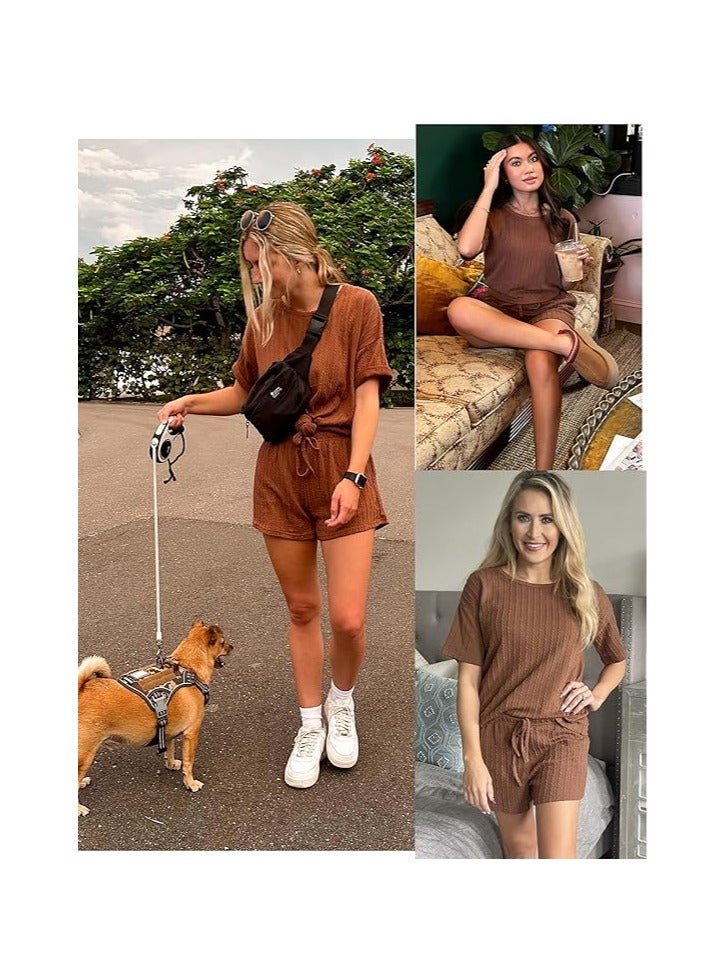Women's 2 Piece Lounge Sets Ribbed Knit Matching Outfits T-shirt and Shorts Sets Sleepwear Loungewear Casual Pajamas - Image 4