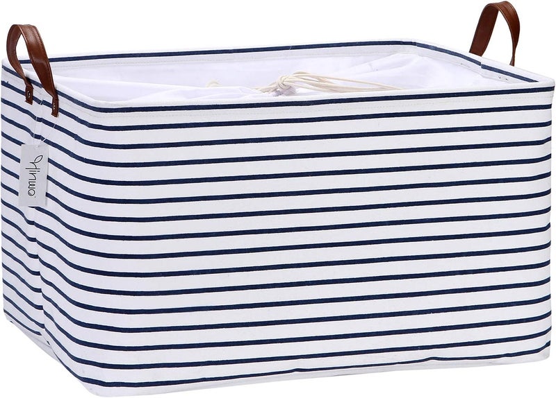 Hinwo 70L Extra Large Storage Bins, Closet Organizers and Storage, Foldable Clothes Storage Baskets with Handles, Containers for Clothing, Blanket, Comforters, Toys, Bedding (Navy Stripe) - Image 1