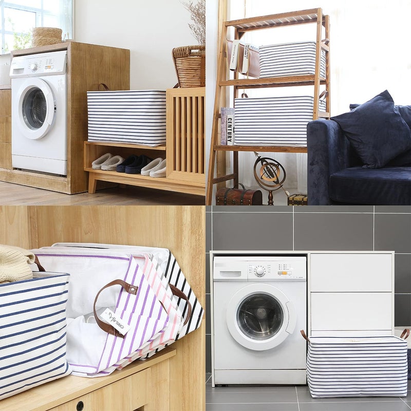 Hinwo 70L Extra Large Storage Bins, Closet Organizers and Storage, Foldable Clothes Storage Baskets with Handles, Containers for Clothing, Blanket, Comforters, Toys, Bedding (Navy Stripe) - Image 3