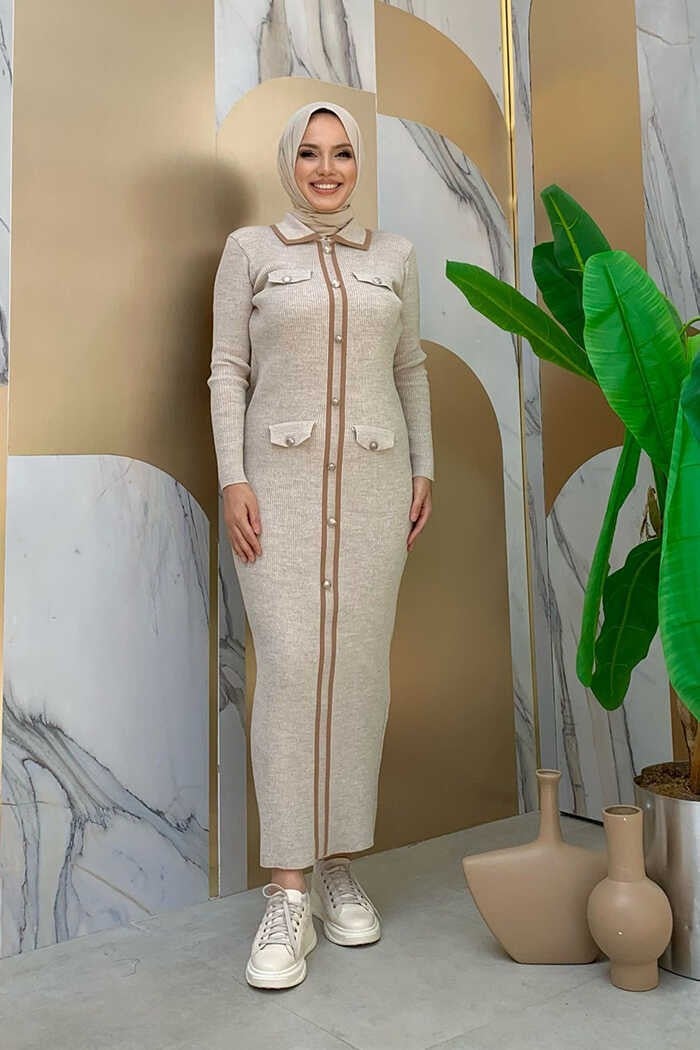 Bym Fashion Button Detailed Pocket Look Knitted Tight Dress 23312 Stone - Image 1