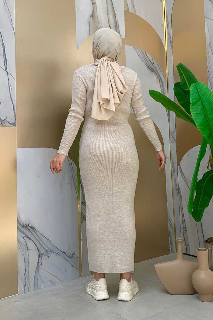 Bym Fashion Button Detailed Pocket Look Knitted Tight Dress 23312 Stone - Image 3