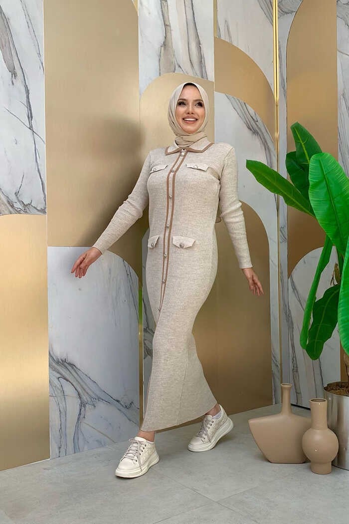 Bym Fashion Button Detailed Pocket Look Knitted Tight Dress 23312 Stone - Image 2