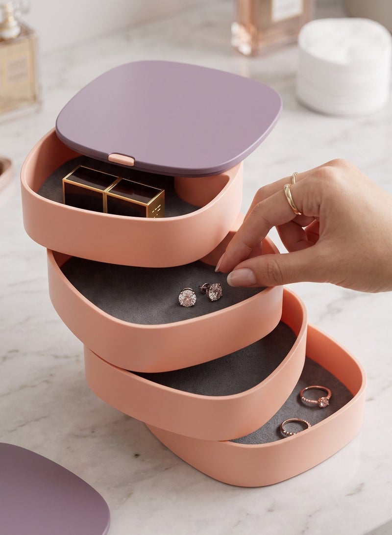 1 Piece Rotating 360 Jewelry Organizer 4 Layers with Lid Compact Plastic Storage Box for Rings Earrings Watches Necklaces Space Saving Vanity Table Decor Multicolor - Image 1