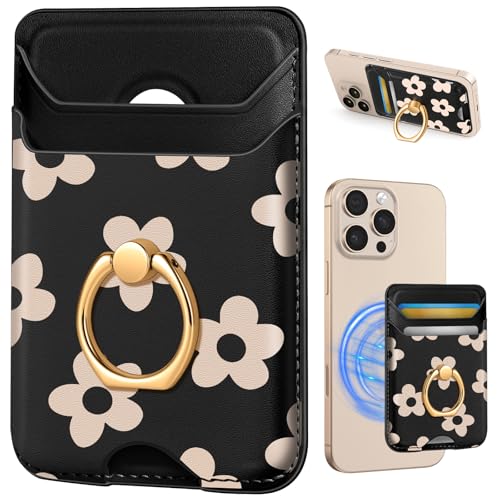 Shorogyt Compatible with Magsafe Wallet Magnetic Card Holder - Phone Wallets with Ring Grip Stand Cute Fashion for iPhone 17/16/15/14/13/12 Series for Women Girls Black Flower Design, Fit 3 Cards - Image 1