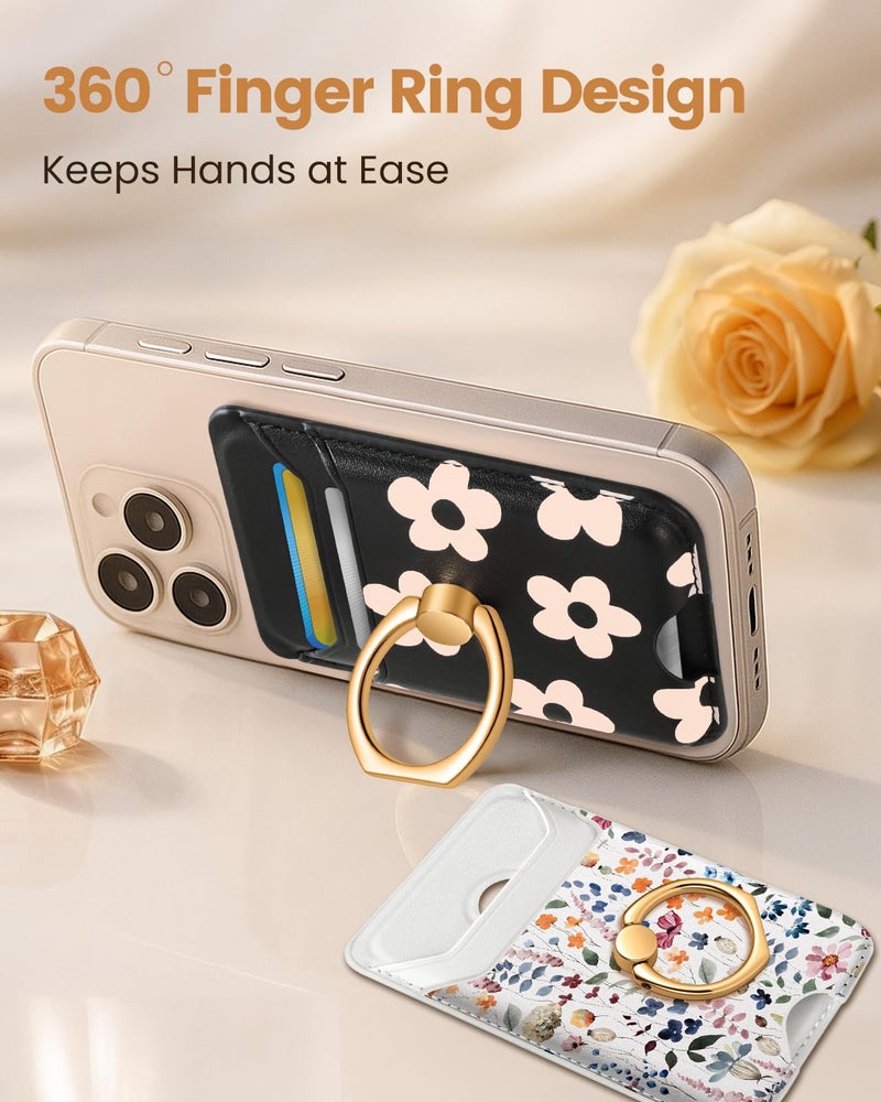 Shorogyt Compatible with Magsafe Wallet Magnetic Card Holder - Phone Wallets with Ring Grip Stand Cute Fashion for iPhone 17/16/15/14/13/12 Series for Women Girls Black Flower Design, Fit 3 Cards - Image 2