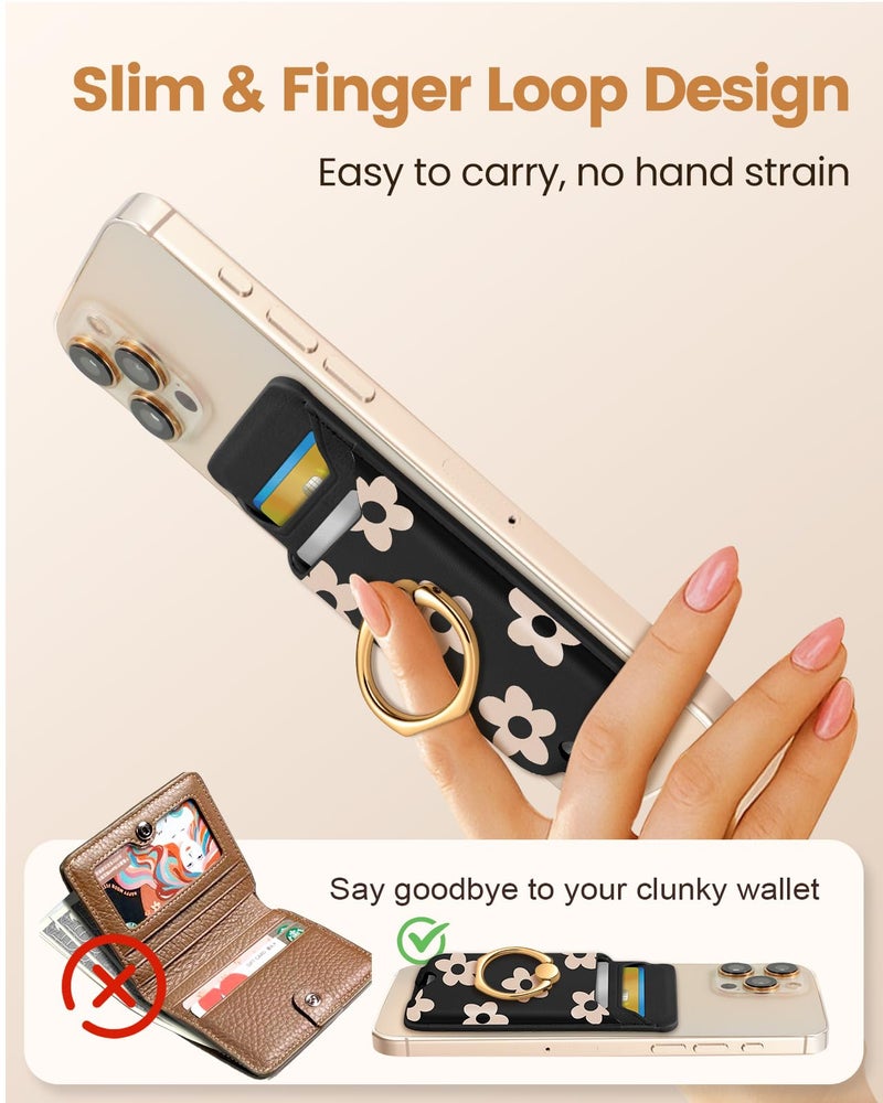Shorogyt Compatible with Magsafe Wallet Magnetic Card Holder - Phone Wallets with Ring Grip Stand Cute Fashion for iPhone 17/16/15/14/13/12 Series for Women Girls Black Flower Design, Fit 3 Cards - Image 4