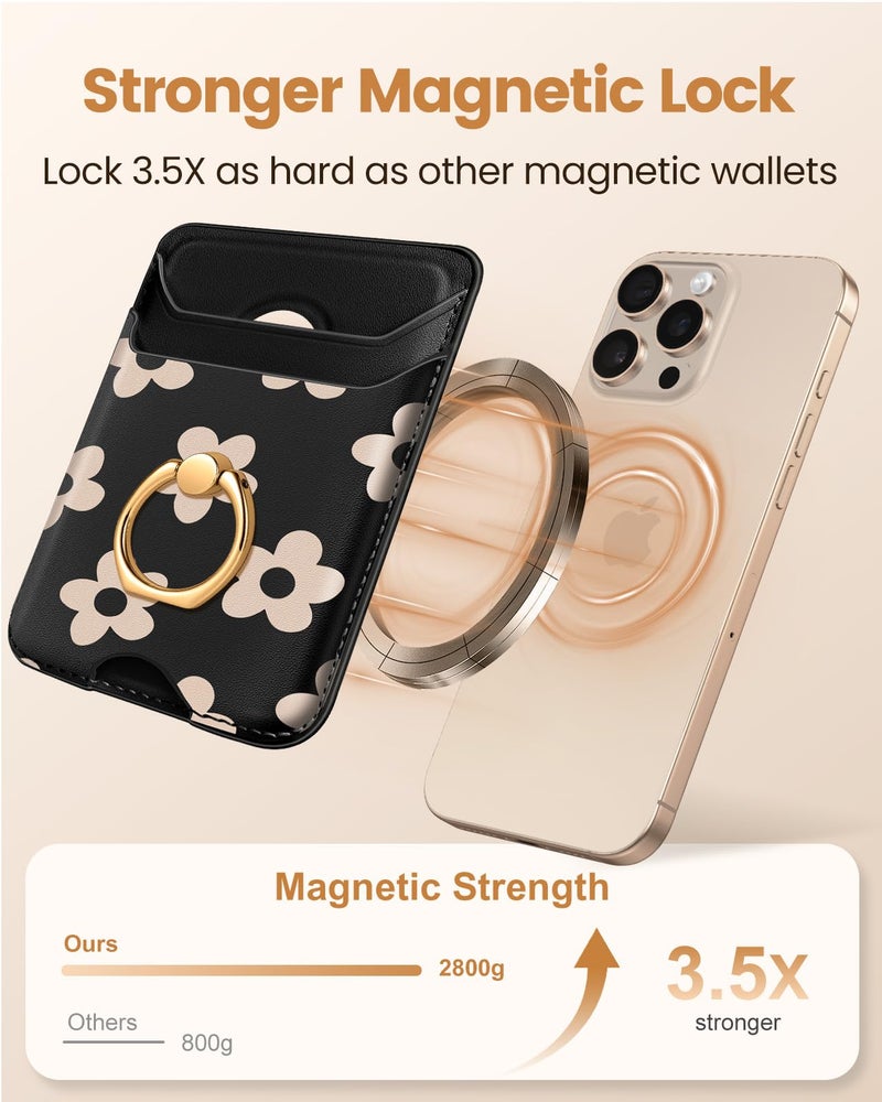 Shorogyt Compatible with Magsafe Wallet Magnetic Card Holder - Phone Wallets with Ring Grip Stand Cute Fashion for iPhone 17/16/15/14/13/12 Series for Women Girls Black Flower Design, Fit 3 Cards - Image 3