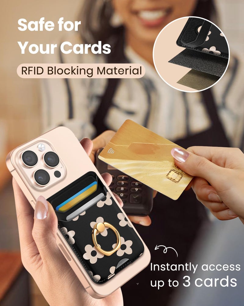 Shorogyt Compatible with Magsafe Wallet Magnetic Card Holder - Phone Wallets with Ring Grip Stand Cute Fashion for iPhone 17/16/15/14/13/12 Series for Women Girls Black Flower Design, Fit 3 Cards - Image 5