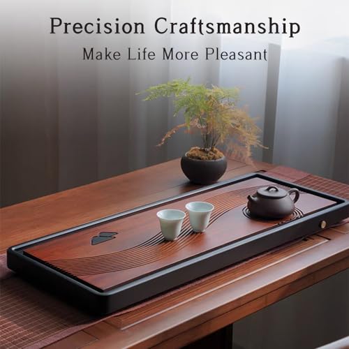 JIKUGO Bamboo Tea Tray Home Office Japanese Tea Set Tea Serving Tray 26x10x1.25in Vintage Chinese Kungfu Tea Tray Gongfu Water Storage Table - Image 4