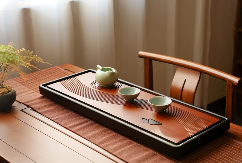 JIKUGO Bamboo Tea Tray Home Office Japanese Tea Set Tea Serving Tray 26x10x1.25in Vintage Chinese Kungfu Tea Tray Gongfu Water Storage Table - Image 1