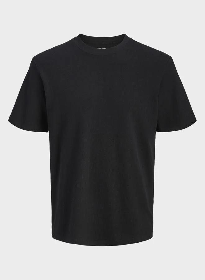 JACK & JONES Men Black Textured Cotton Crew Neck T-Shirt