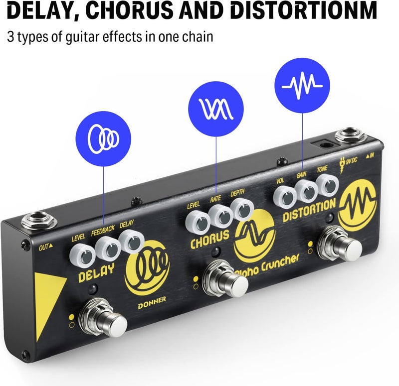 Donner Multi Guitar Effect Pedal Alpha Cruncher - Delay, Chorus, Distortion with Adapter - Image 2