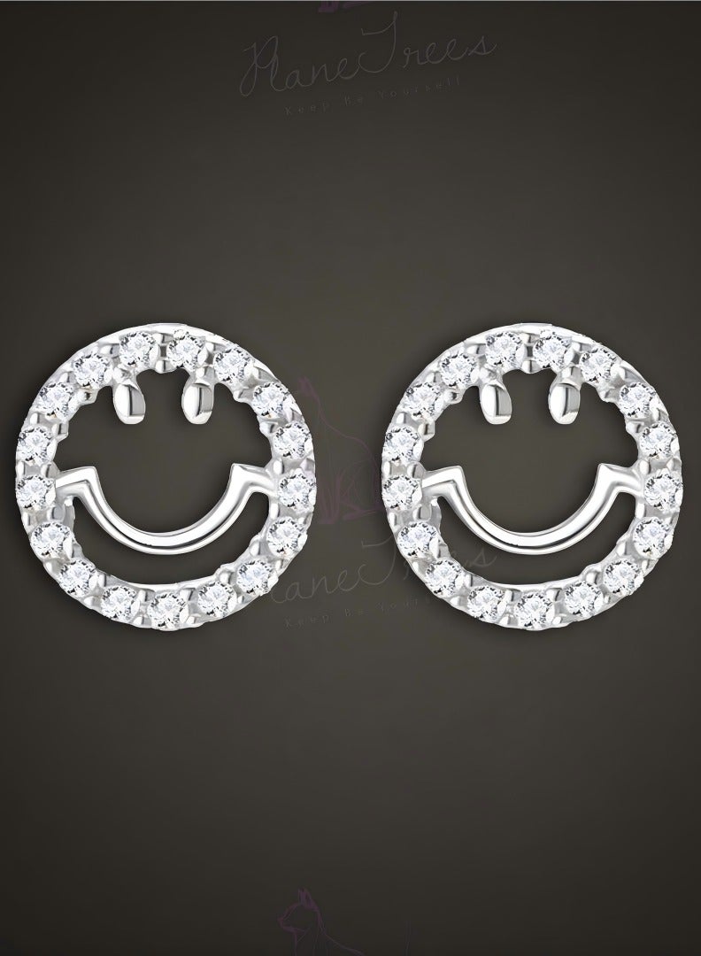 Plane Trees 925 Sterling Silver Smile Stud Earrings – Crystal Inlay Cute Design for Women | PLANE TREES - Image 1