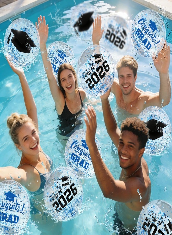 Whaline 12 Pcs 2026 Graduation Inflatable Beach Balls Blue Confetti Congrats Grad Cap Blow Up Balls 11.8 Inch Class of 2026 Graduation Glitter Confetti Pool Ball for Swimming Pool Game Party - Image 4