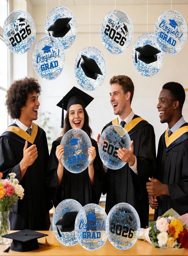 Whaline 12 Pcs 2026 Graduation Inflatable Beach Balls Blue Confetti Congrats Grad Cap Blow Up Balls 11.8 Inch Class of 2026 Graduation Glitter Confetti Pool Ball for Swimming Pool Game Party - Image 5