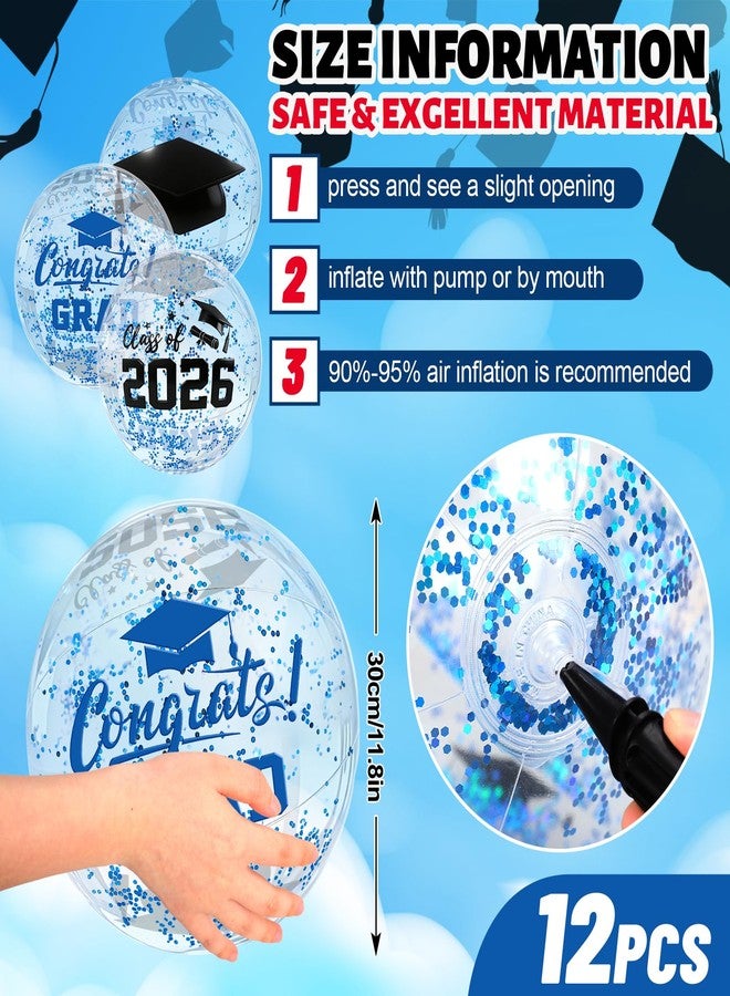 Whaline 12 Pcs 2026 Graduation Inflatable Beach Balls Blue Confetti Congrats Grad Cap Blow Up Balls 11.8 Inch Class of 2026 Graduation Glitter Confetti Pool Ball for Swimming Pool Game Party - Image 2