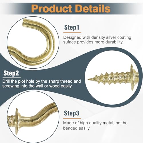 Jamiikury 50pcs 1/2 Inch Gold Ceiling Hooks - Small Screw-in Metal Screw Hooks, Nickel Plated - Image 2