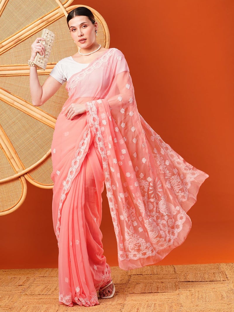 Ada Hand Embroidered Lucknowi Chikankari Georgette Saree With Unstitched Blouse Piece A191488, Peach - Womens - Image 5